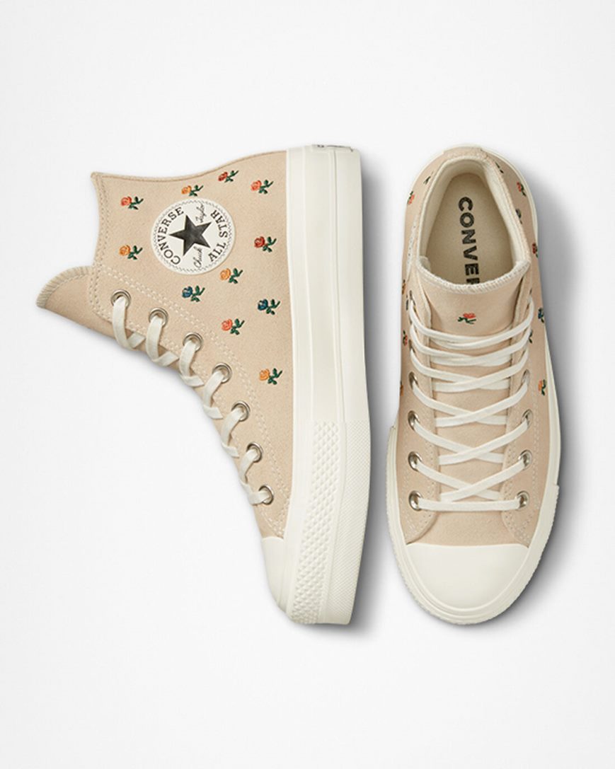 Women's Converse Chuck Taylor All Star Lift Embroidered Roses High Top Platform Shoes Beige | AU 950E6I